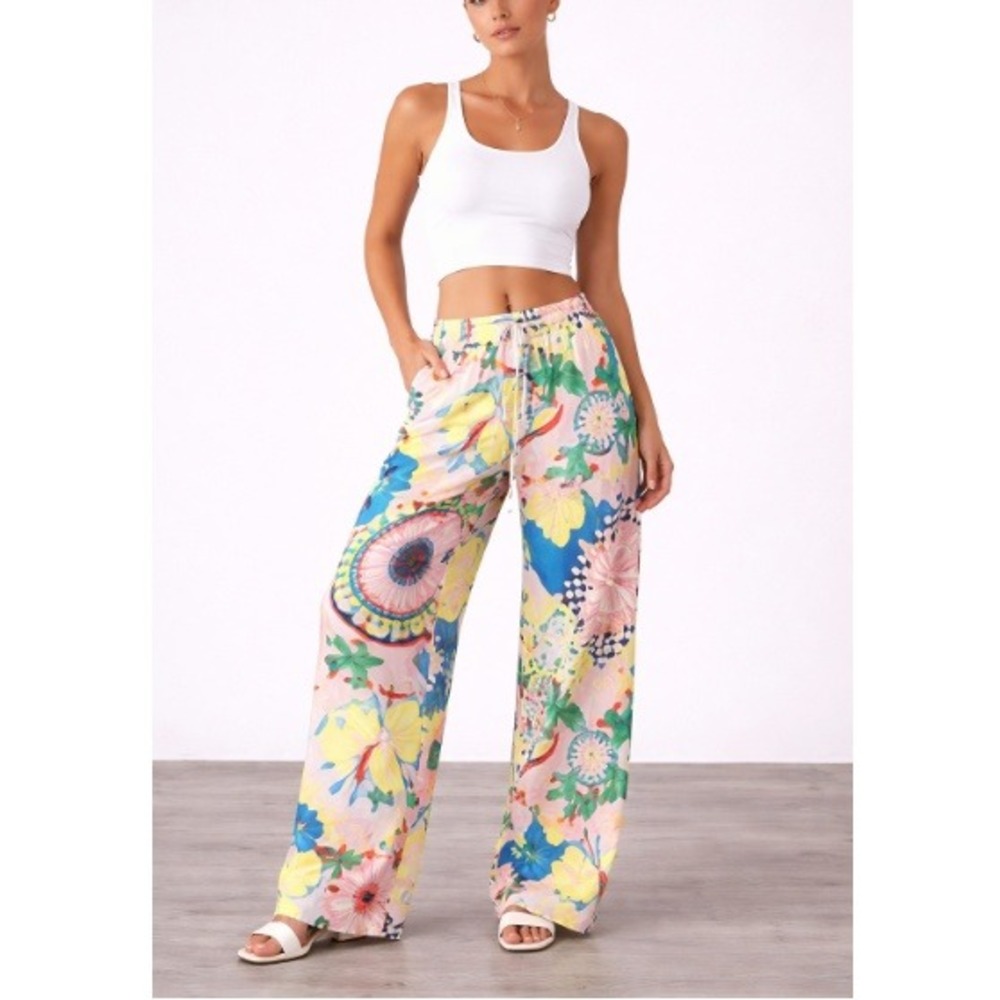 Maeve Women's Multi Pink Rose Straight Leg Pull On Silky Trousers Size M NWT